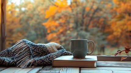Cozy autumn or winter scene with a coffee mug on top book. Generate AI image