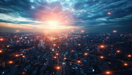 Obraz premium Digital cityscape aerial view with network connection. Generate AI image