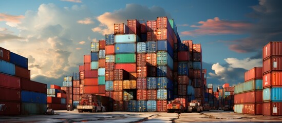 Containers in the port at sunset. Cargo freight transportation, import-export, logistics,