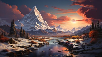 Fantasy landscape with mountains and river. Digital painting. - obrazy, fototapety, plakaty