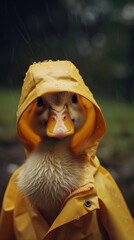 a photorealistic baby duck in a yellow raincoat. Cute, film photography, grainy cute image