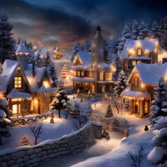 Digital painting of a small village in winter with christmas lights.