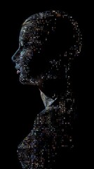 a human silhouette made of different algorithms, words; solid black background