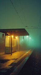 Kodak KB10 Film Camera photo of a bus stop in fog, photo has no vehicles or humans in the frame, a small bus station, lights far away in fog, 35mm, hazy atmosphere, Nightography, Ektachrome,