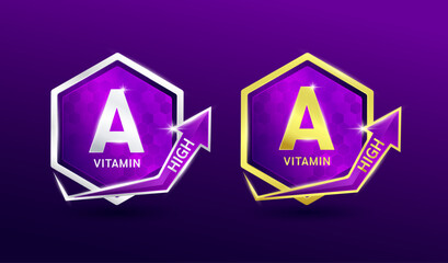 High vitamin A in hexagon shape aluminum gold and silver with shine arrow. Used for design nutrition supplement products. Minerals label symbol logo 3D on purple background. Vector EPS10.