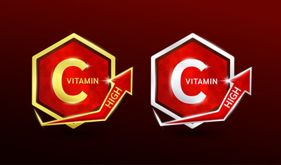 High vitamin C in hexagon shape aluminum gold and silver with shine arrow. Used for design nutrition supplement products. Minerals label symbol logo 3D on red background. Vector EPS10.