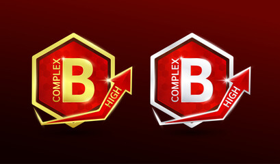 High vitamin B complex in hexagon shape aluminum gold and silver with shine arrow. Used for design nutrition supplement products. Minerals label symbol logo 3D on red background. Vector EPS10.