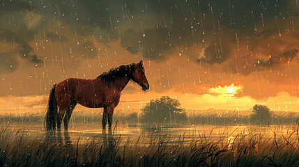 illustration of a horse in the rain flat style - obrazy, fototapety, plakaty