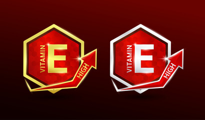 High vitamin E in hexagon shape aluminum gold and silver with shine arrow. Used for design nutrition supplement products. Minerals label symbol logo 3D on red background. Vector EPS10.
