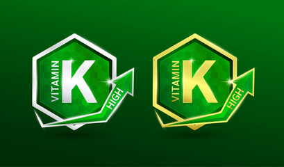 High vitamin K in hexagon shape aluminum gold and silver with shine arrow. Used for design nutrition supplement products. Vitamins label symbol logo 3D on green background. Vector EPS10.
