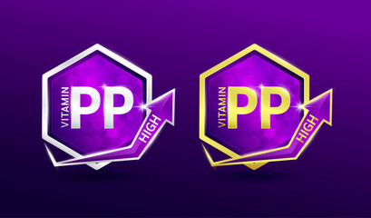 High vitamin PP in hexagon shape aluminum gold and silver with shine arrow. Used for design nutrition supplement products. Minerals label symbol logo 3D on purple background. Vector EPS10.