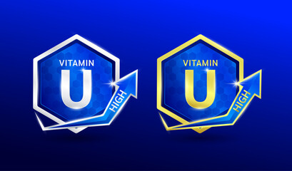 High vitamin U in hexagon shape aluminum gold and silver with shine arrow. Used for design nutrition supplement products. Minerals label symbol logo 3D on blue background. Vector EPS10.