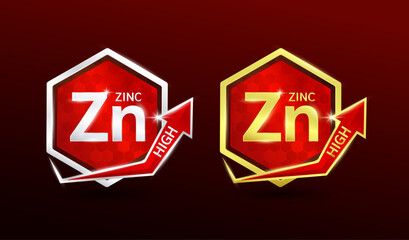 High zinc minerals in hexagon shape aluminum gold and silver with shine arrow. Used for design nutrition supplement products. Vitamins label symbol logo 3D on red background. Vector EPS10.