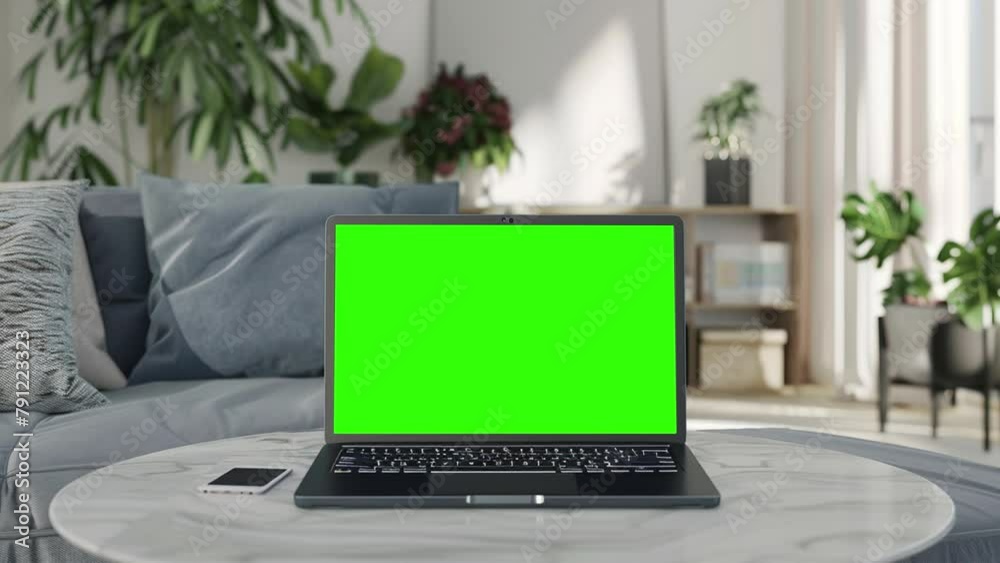 Poster laptop with blank green screen in office interior. smooth camera movement around object with bokeh b