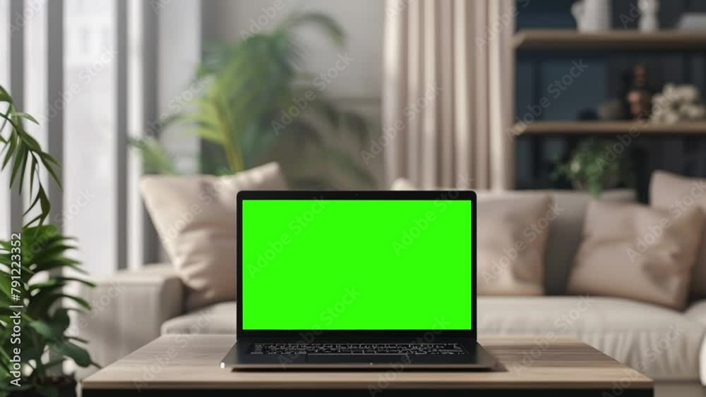 Poster laptop with blank green screen in office interior. smooth camera movement around object with bokeh b