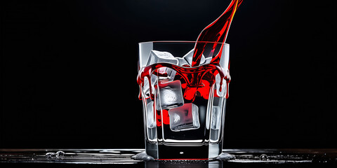 a glass filled with ice and water on top of a table with a black background and a red liquid pouring out of the top of the glass, blur backgraund