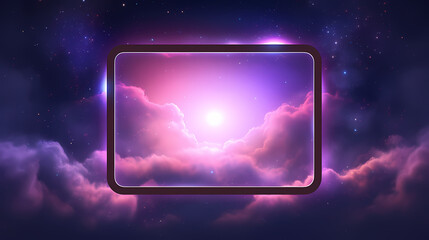Glowing neon frame with pink and purple colors floating in the sky