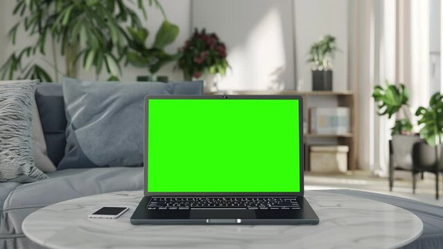 Laptop with blank green screen in office interior. Smooth camera movement around object with bokeh background. Home interior or office, 4k 24fps UHD