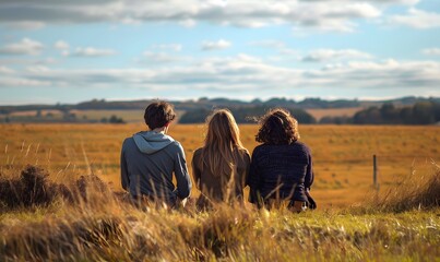 Three young people sitting on the grass, Generative AI