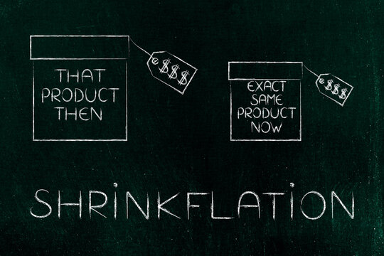 Shrinkflation design with product packaging, products getting smaller for the same price due to Inflation and recession