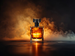 A minimalist and stern photo of a men's perfume bottle, sitting on a sleek black surface, with soft backlight . The setting is dark and moody with a hint of smoke in the background
