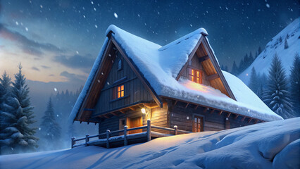Winter cottage nestled in snowy landscape under night sky - obrazy, fototapety, plakaty