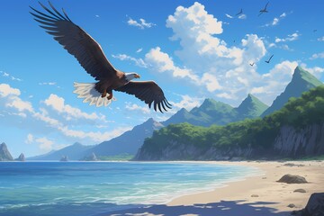 cartoon illustration, an eagle is flying on the beach