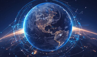 Obraz premium Global Connectivity and Data Transfer on Digital Earth - Illuminating the Dark Background of Worldwide Networking