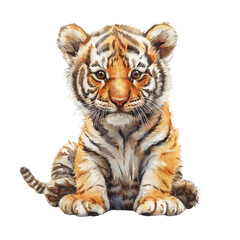 Fototapeta premium A baby tiger is sitting on its back legs and looking at the camera