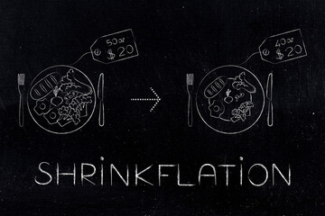 Shrinkflation design with meal labels in dollars and ounces, products getting smaller for the same price due to Inflation