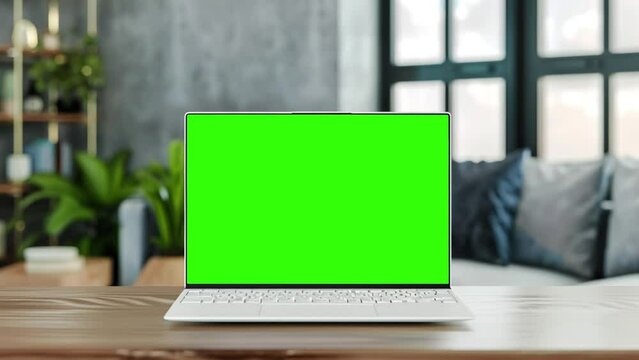 Computer desktop with mock-up green screen white background in living room, Zoom shoulder view. 4k 24fps UHD