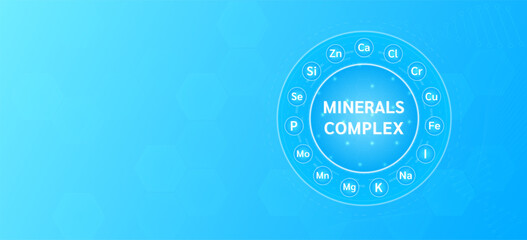 Minerals complex or Multivitamin nutrients necessary for health. Background banner blue with empty space for text. Used for ads dietary supplements and pharmacy. Medical science. Vector design.