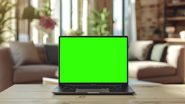 Computer desktop with mock-up green screen white background in living room, Zoom shoulder view. 4k 24fps UHD