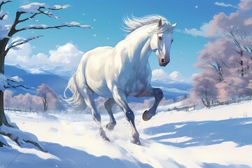 Obraz na płótnie Canvas cartoon illustration, a horse is running in the snow