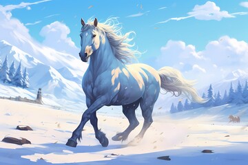 cartoon illustration, a horse is running in the snow