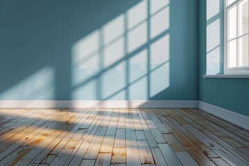 Minimalist plain blue wall with wooden floor sunlight. Generate AI image
