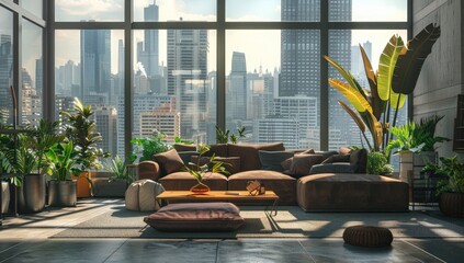 Modern interior design of living room with big windows. Generate AI image