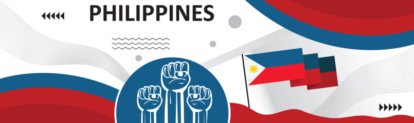 ilippines national day banner design, Happy holiday.creative independence day banner with raising hand. Poster, card, banner, template, for Celebrate annual..eps