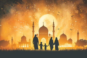 Professional photography Ramadan card with temple silhouettes background ornate text and cheerful human characters of muslim family members