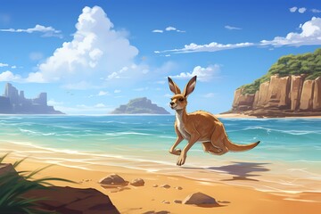 cartoon illustration, a kangaroo is running on the beach - obrazy, fototapety, plakaty