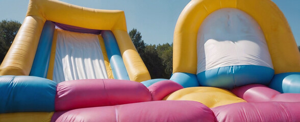 Fototapeta na wymiar Inflatable summer obstacle course on playground