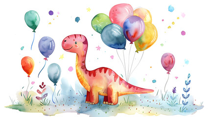 Watercolor illustration of a cute dinosaur with colorful balloons, perfect for birthday cards, posters, and banners for children