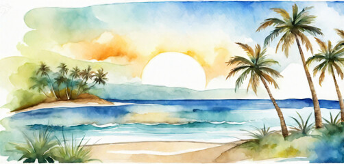 Fototapeta na wymiar Seascape. Summer tropical beach with golden sand and palmes. Watercolor style.