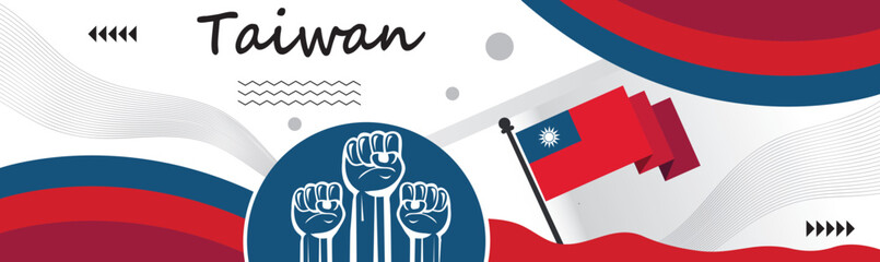 Fototapeta na wymiar Taiwan national day banner with Taiwanese flag color background, Happy holiday.creative independence day banner with raising hand. Poster, card, banner, template, for Celebrate annual..eps