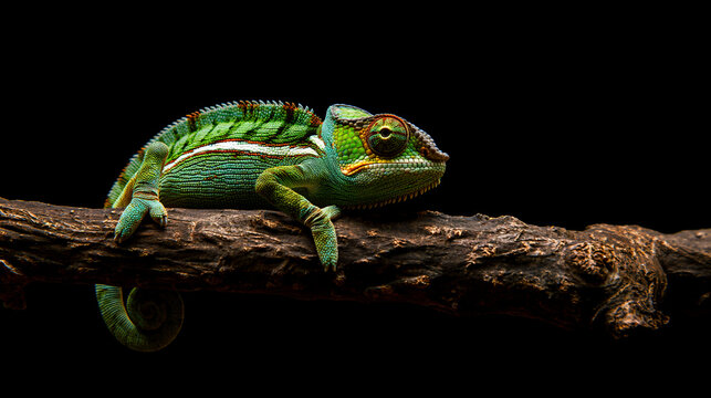 Green Chameleon on branch black background