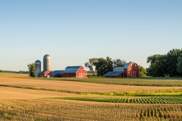 A picturesque farmstead with red barns and silos surrounded by fields of ripening crops, under a vast expanse of clear sky, Generative AI