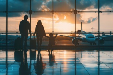 A family of three is walking through an airport terminal with their luggage. The father is holding the hand of a young child while the mother is carrying a suitcase