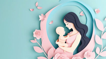 A woman holding a baby, Mother's Day papercut card..