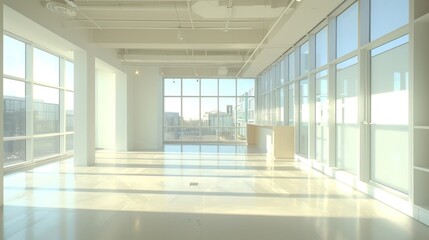 Fototapeta premium A large, empty room with a view of a city skyline.
