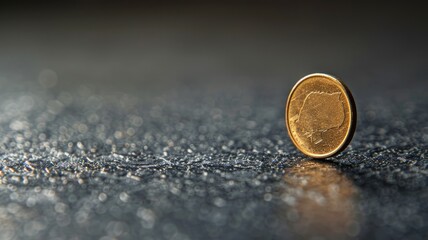 Scratched coin stands upright on textured surface with blurred background